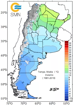 Températures moyennes en Hiver en Argentine