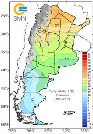 Températures moyennes au Printemps en Argentine
