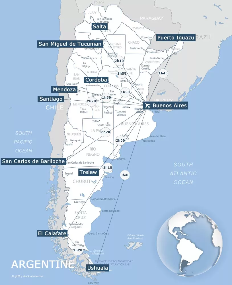 Carte des durées des vols intérieurs en Argentine