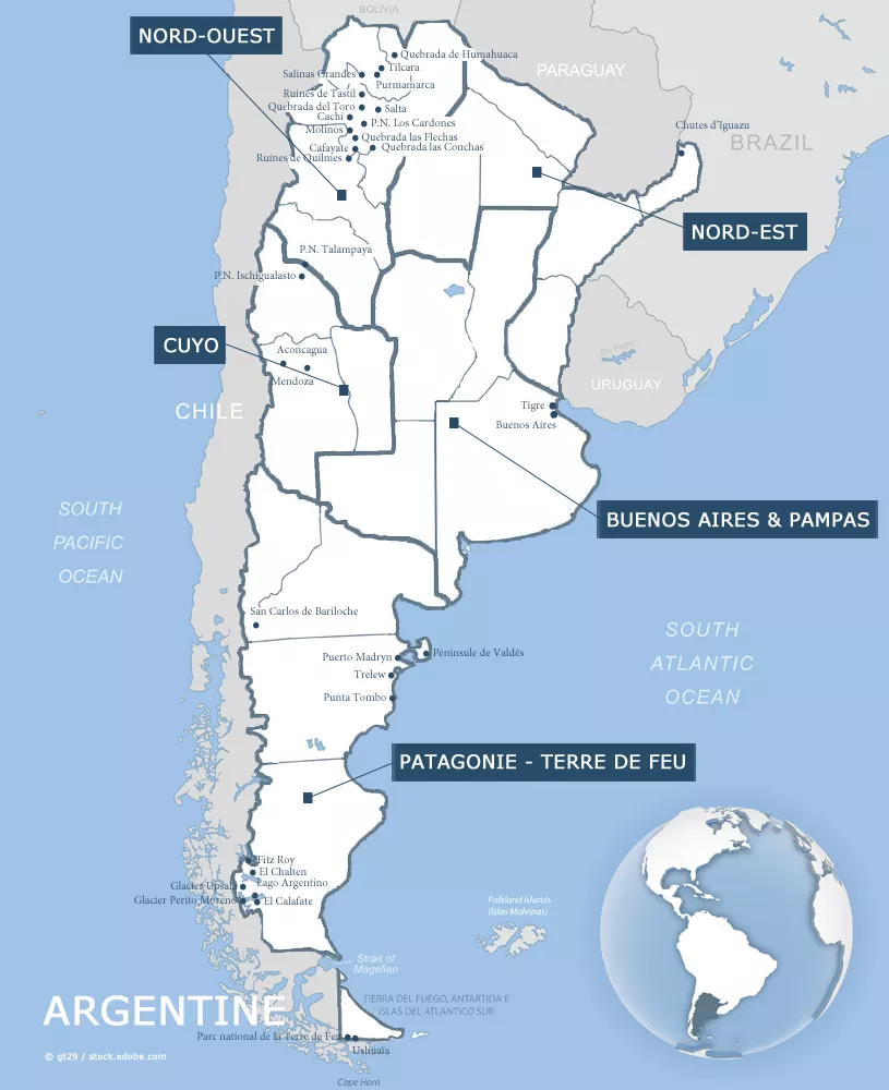 Carte des villes et sites en Argentine
